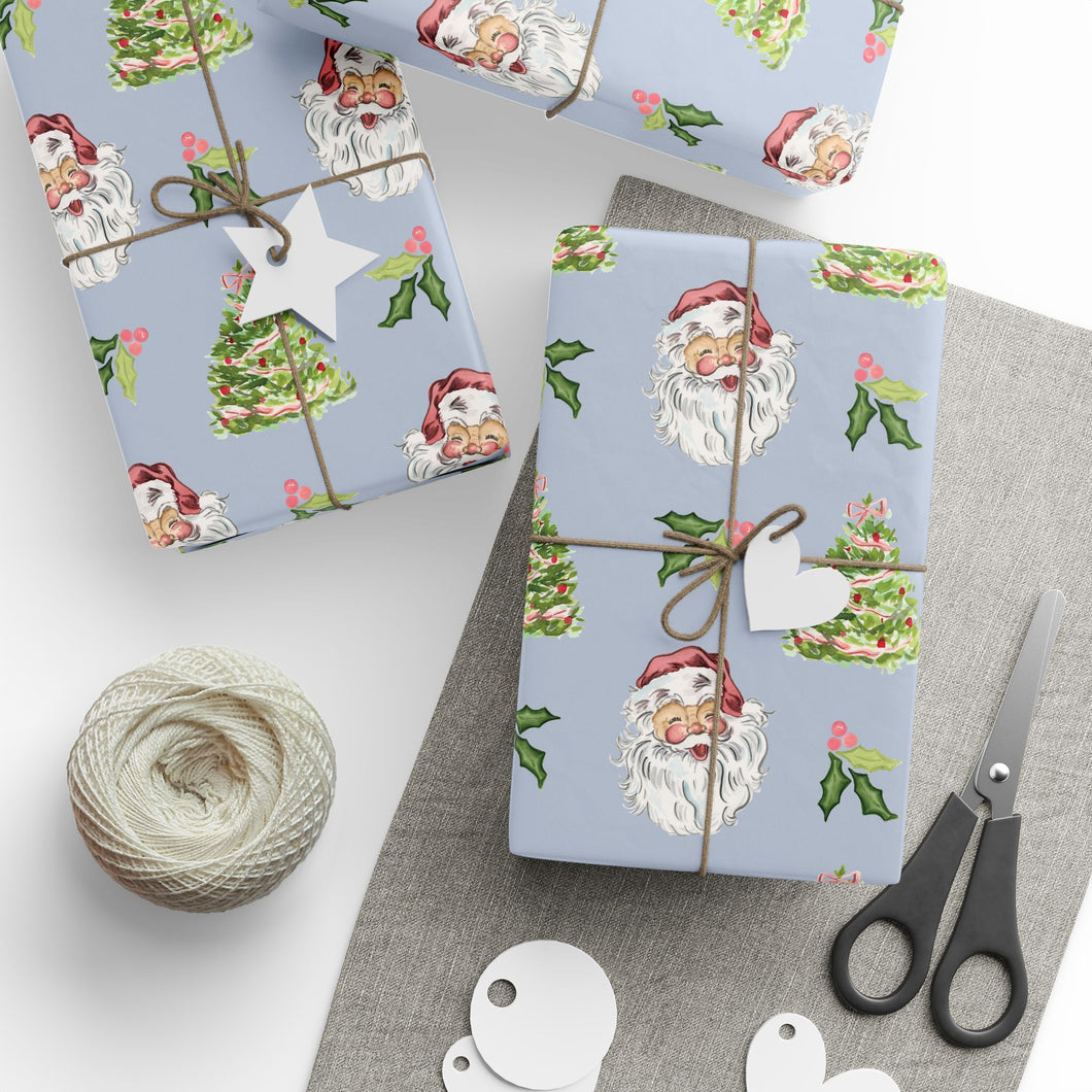 Cheery Santa Holiday Wrapping Paper Roll - Blue