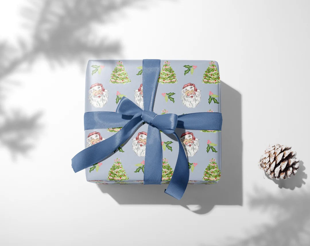 Christmas Wrapping Paper, Holiday Gift Wrap Roll - Cheery Santa Design, Blue, Festive Xmas Present Packaging, Gift Giving Supplies, Craft