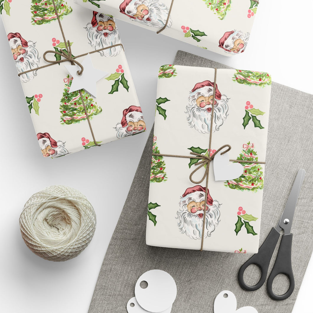 Cheery Santa Holiday Wrapping Paper Roll - Beige