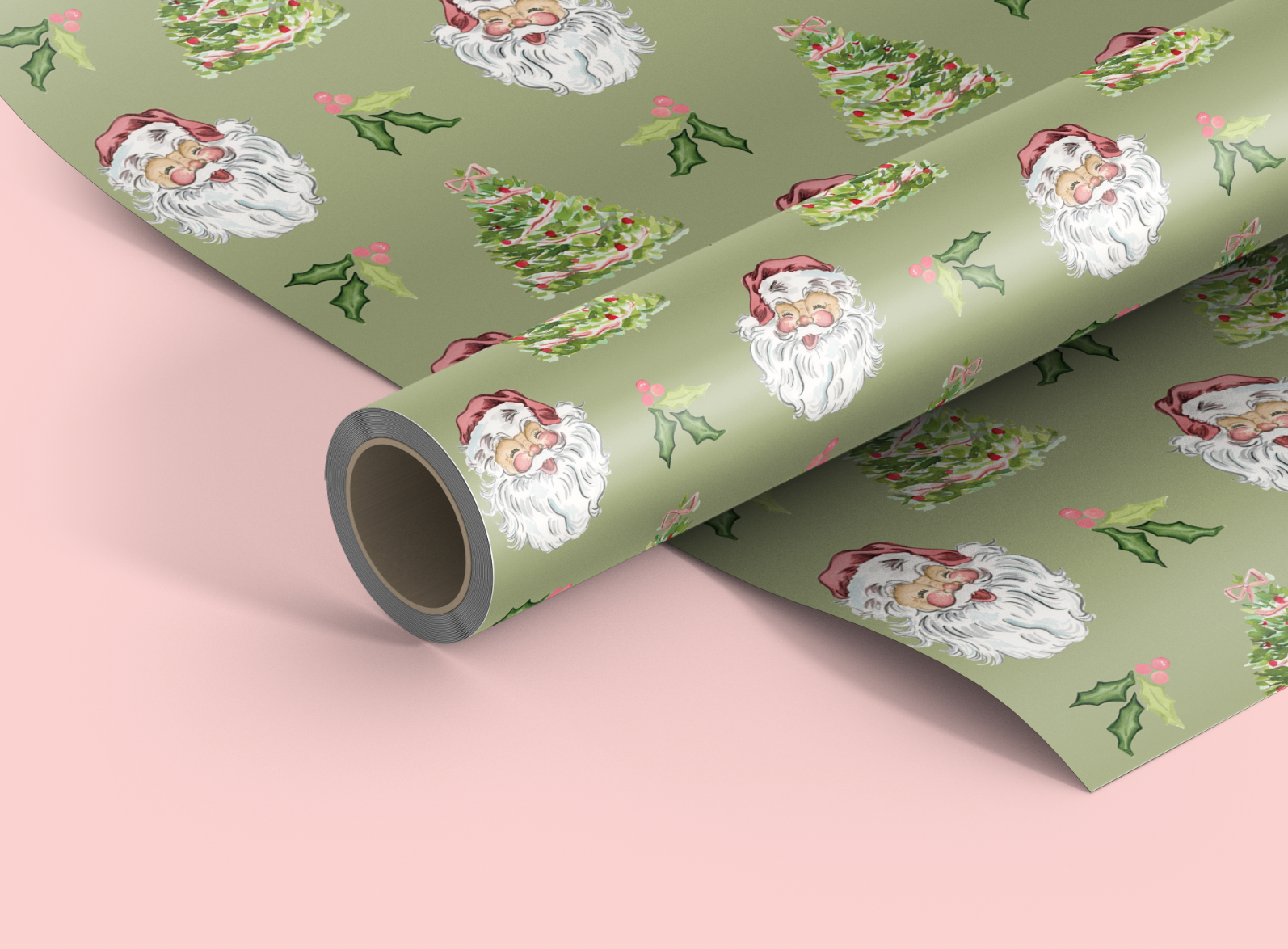 Cheery Santa Green Wrapping Paper - Large Roll